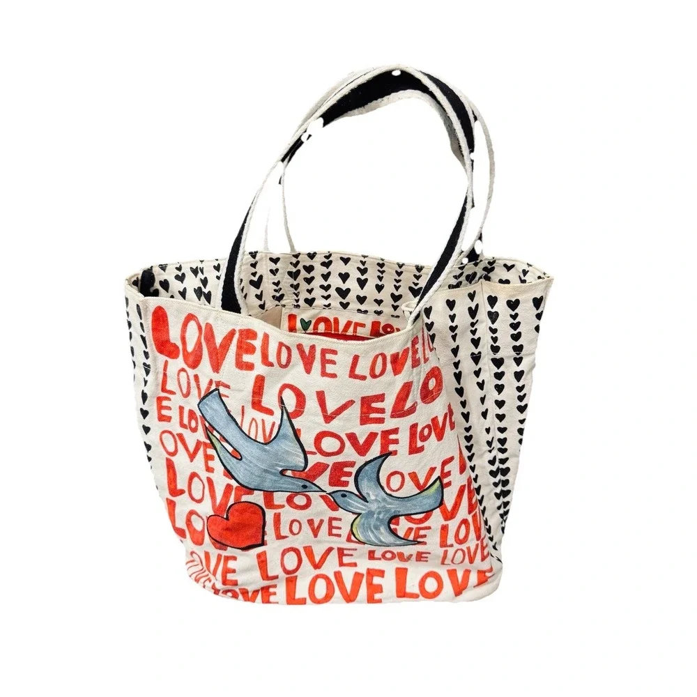 Brighton‎ Love Heart Canvas Tote Bag Red Black White Large Shoulder Handbag